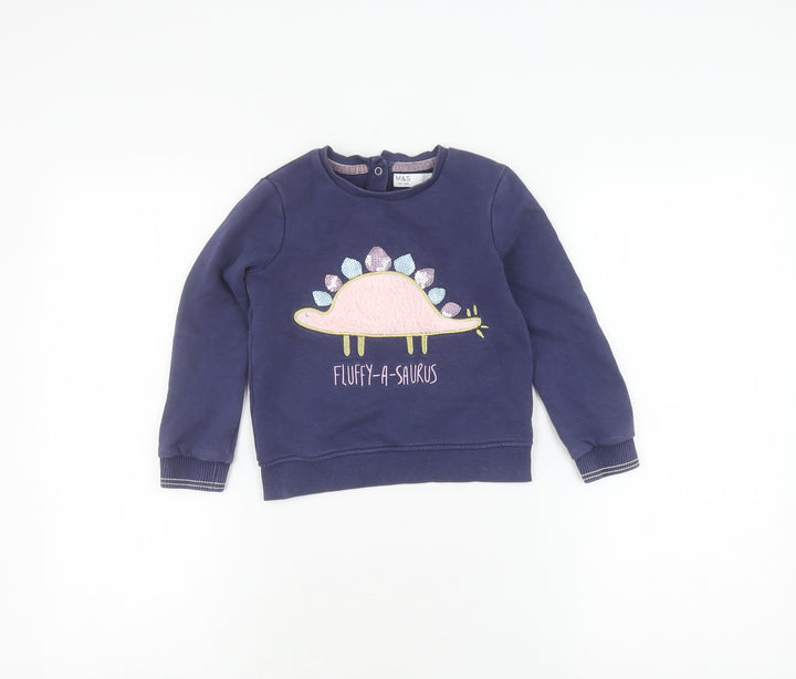 Marks and Spencer Girls Blue Henley Dinosaur Jumper 4-5 Years