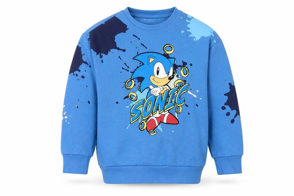Front view of Sonic the Hedgehog boys’ blue pullover sweatshirt 7-8 years