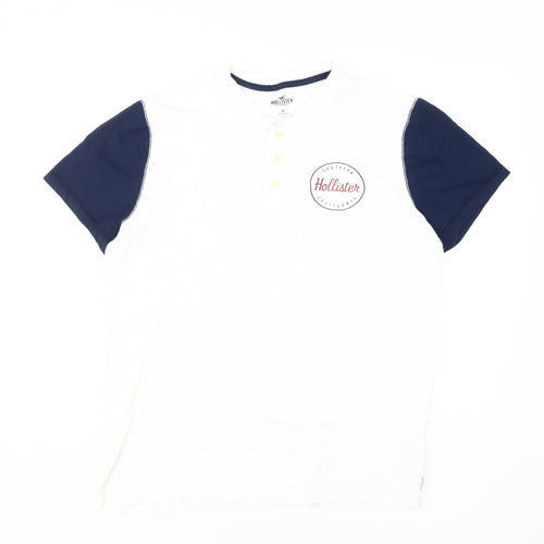Hollister Men's White/Blue Henley T-Shirt M Logo