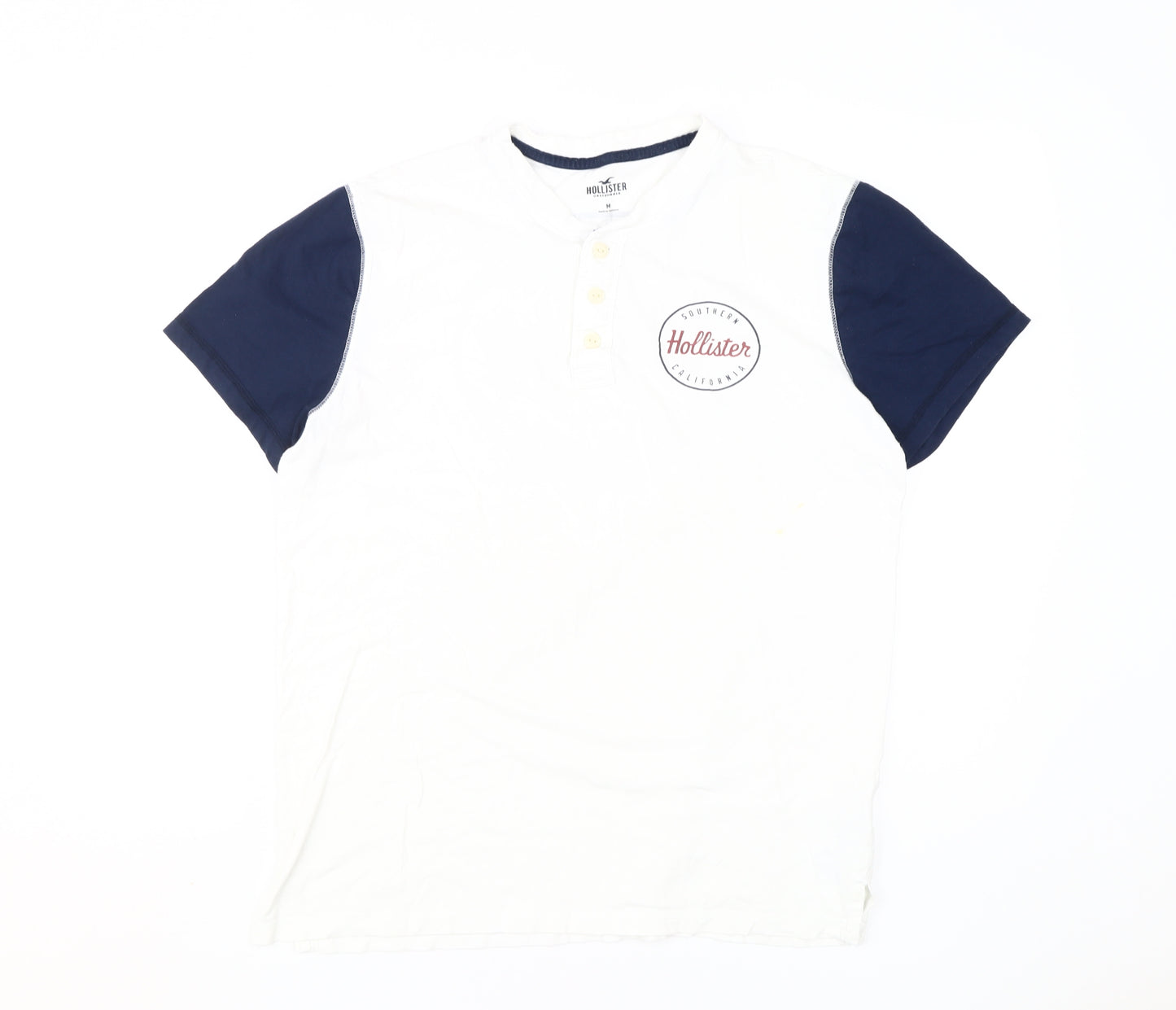 Hollister Men's White/Blue Henley T-Shirt M Logo