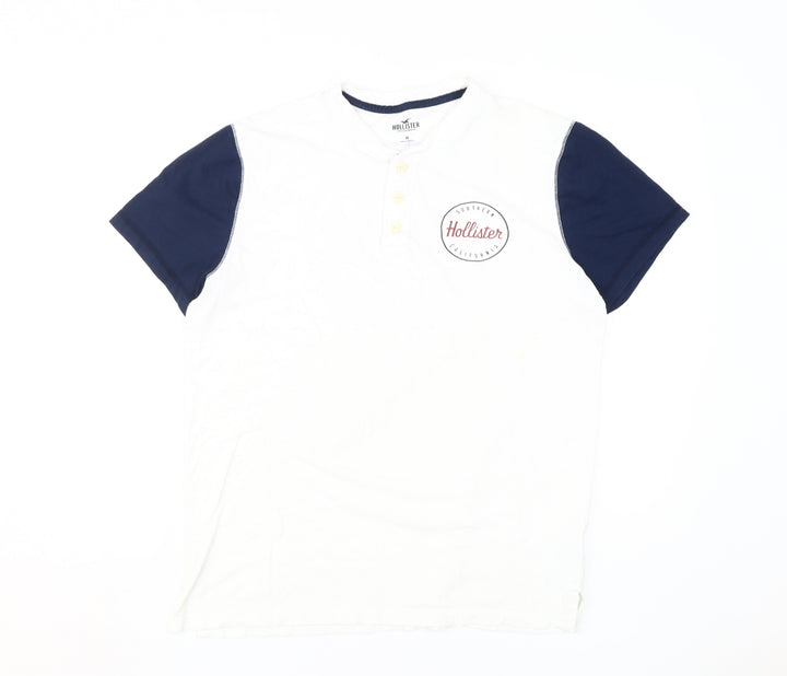 Hollister Men's White/Blue Henley T-Shirt M Logo