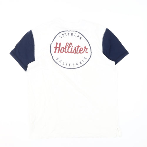 Hollister Men's White/Blue Henley T-Shirt M Logo