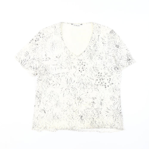 Berkertex Women's White Floral V-Neck T-Shirt Size 14