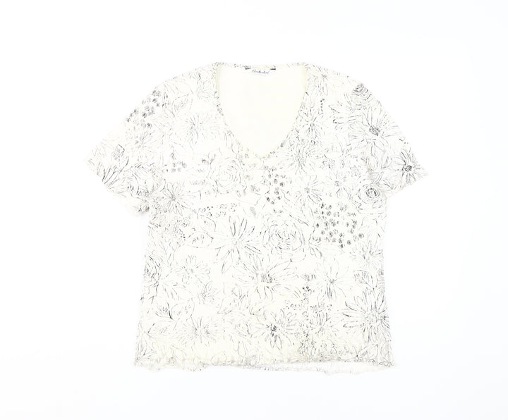 Berkertex Women's White Floral V-Neck T-Shirt Size 14