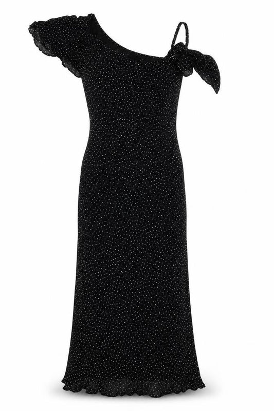 Front view of ASOS DESIGN Women's Black Polka Dot Bodycon Midi Dress, size 14