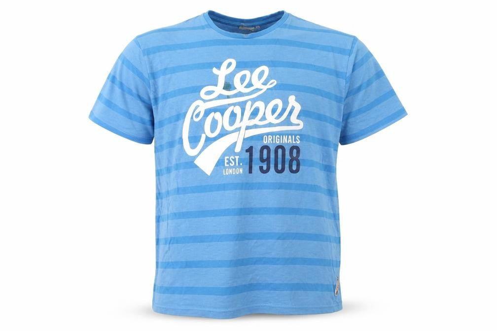 Front view of Lee Cooper Men Blue Striped T-Shirt 2XL, Cotton Blend