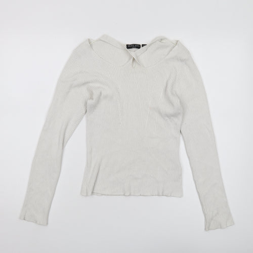Brave Soul Women's White Collared Pullover Jumper L