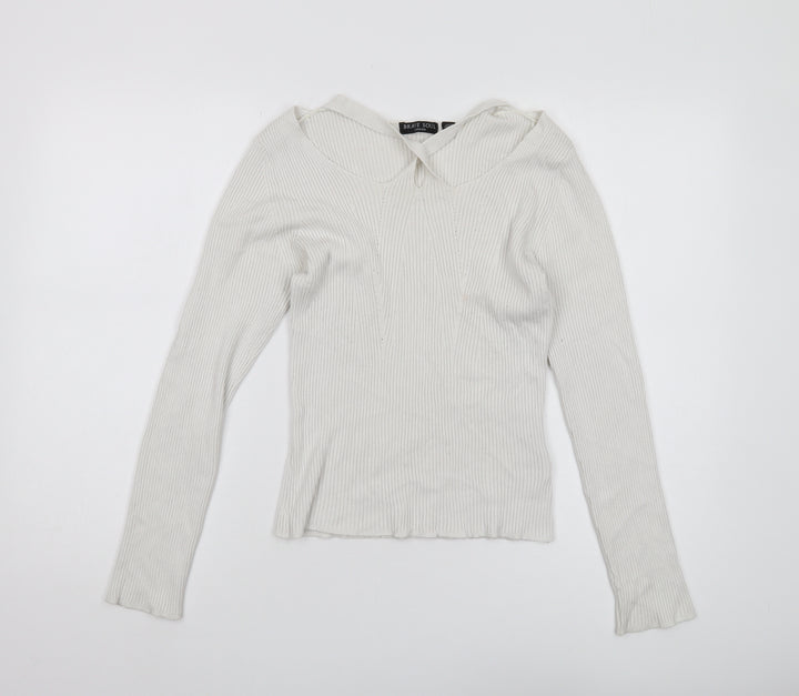 Brave Soul Women's White Collared Pullover Jumper L