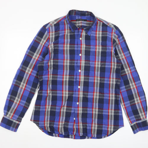 French Connection Men's Blue Plaid Long Sleeve Shirt L