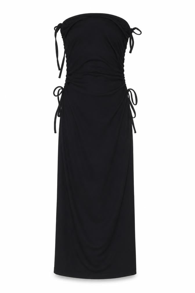 Front view of Collusion Women's Black Ruched Dress, Sleeveless, size S