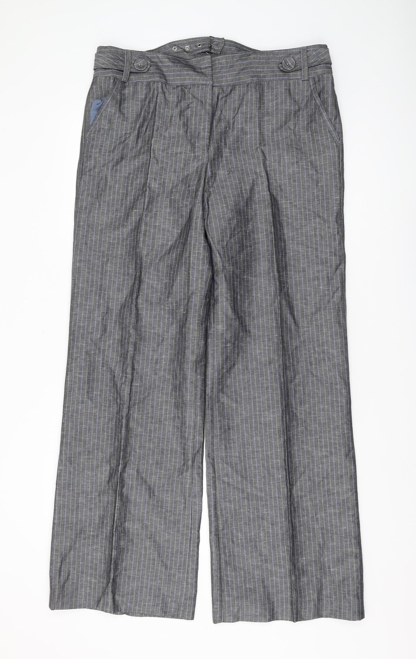 Next Women's Grey Wide-Leg Striped Trousers Size 16
