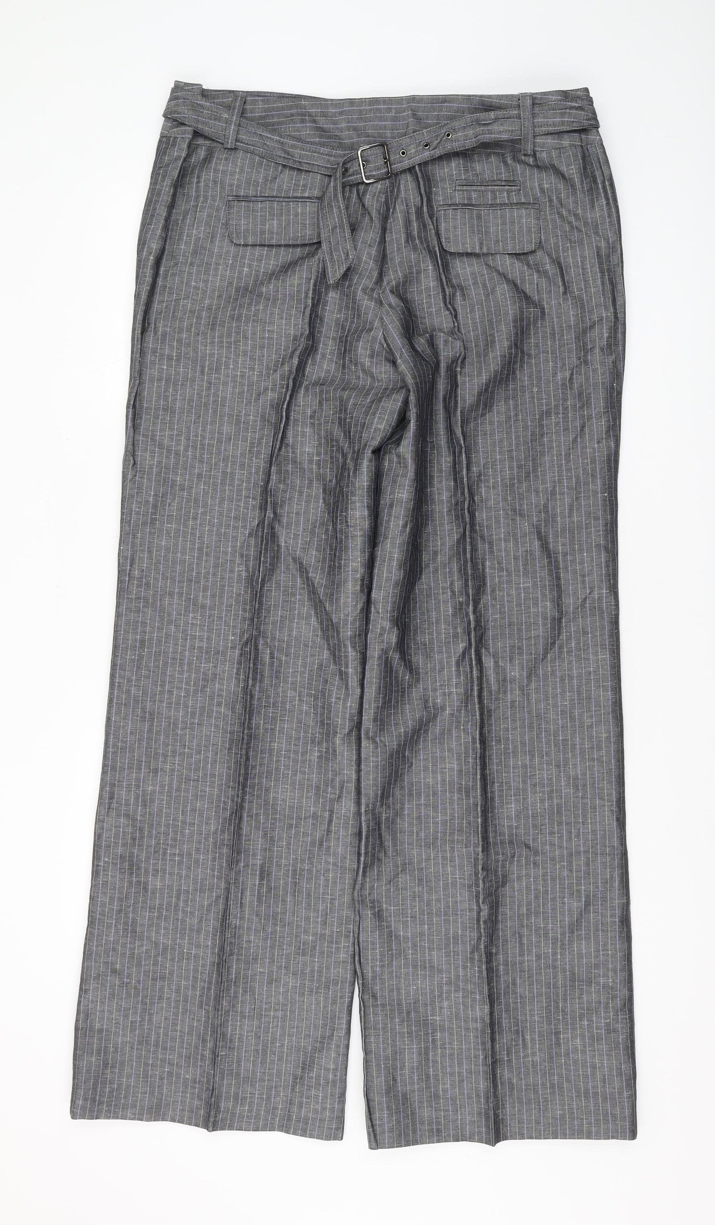 Next Women's Grey Wide-Leg Striped Trousers Size 16