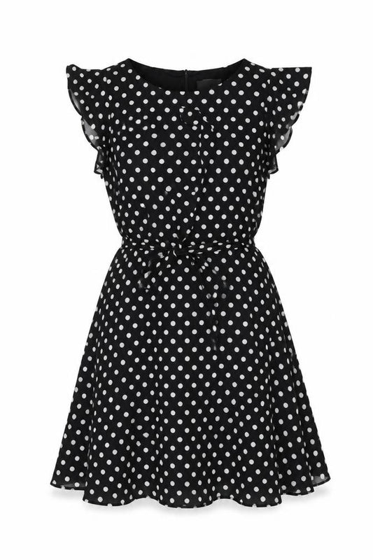 Front view of Wallis Women’s Petite Black Polka Dot Dress UK 12