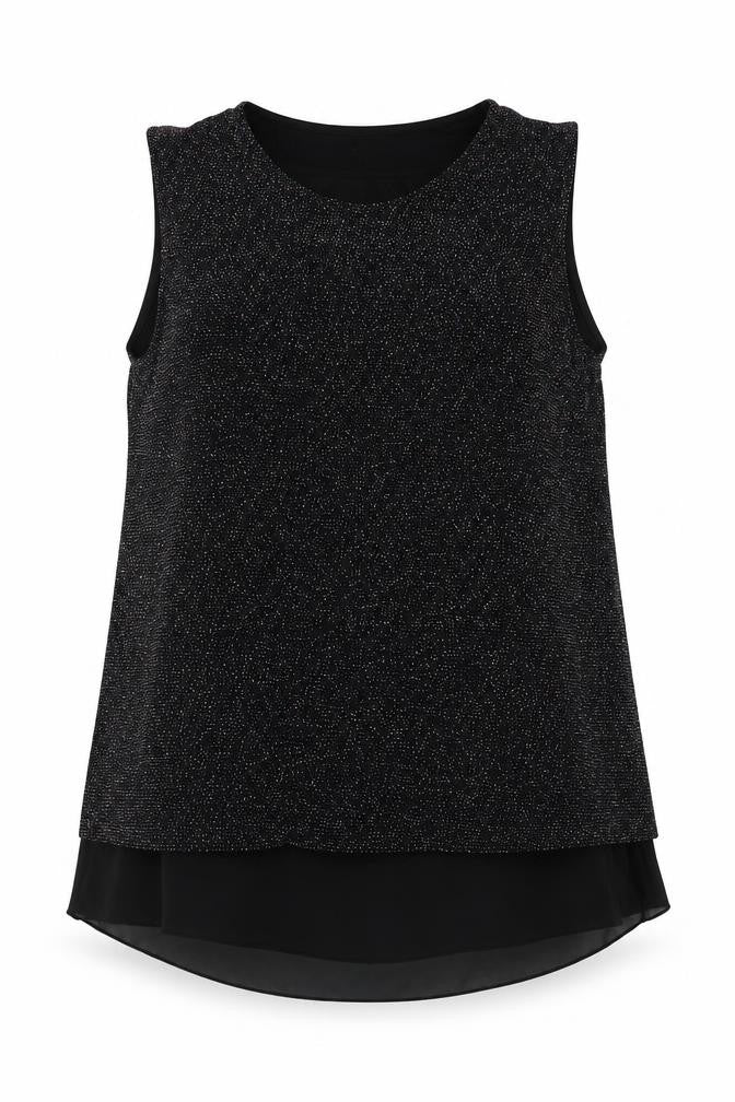 Front view of Quiz Women's Black Sparkle Tunic Blouse -, size 16