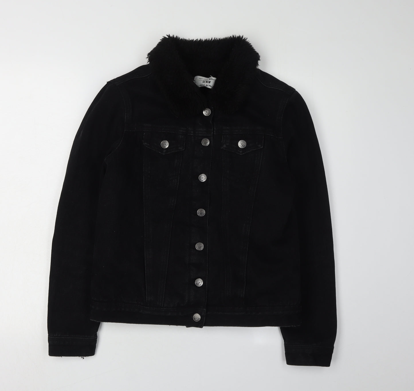 New Look Girls Black Denim Jacket, Age 14-15, Fur Collar