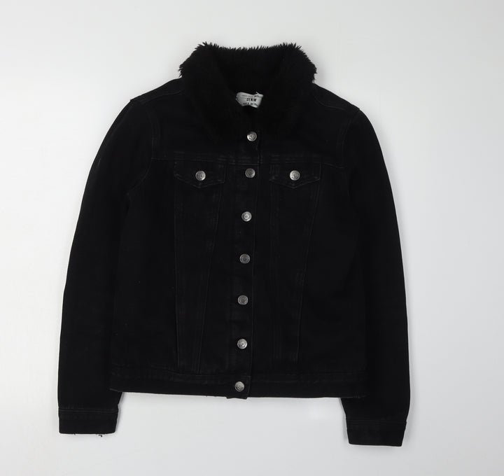 New Look Girls Black Denim Jacket, Age 14-15, Fur Collar