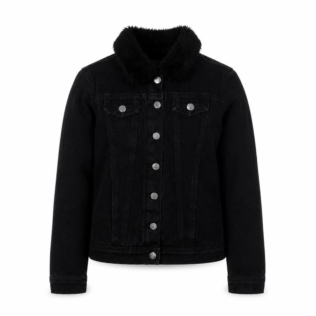New Look Girls Black Denim Jacket, Age 14-15, Fur Collar