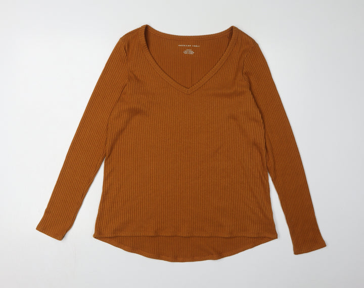 American Eagle Women's Brown V-Neck Knit T-Shirt - M