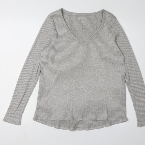 American Eagle Women's Grey V-Neck Long Sleeve T-Shirt