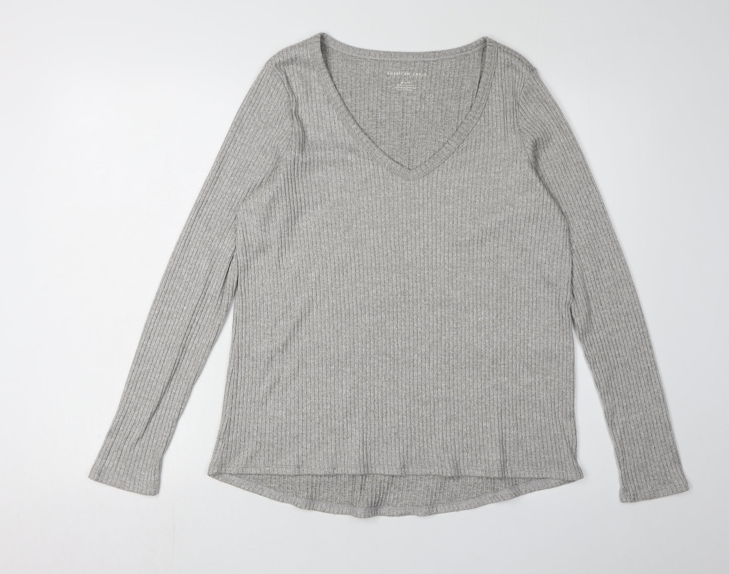American Eagle Women's Grey V-Neck Long Sleeve T-Shirt