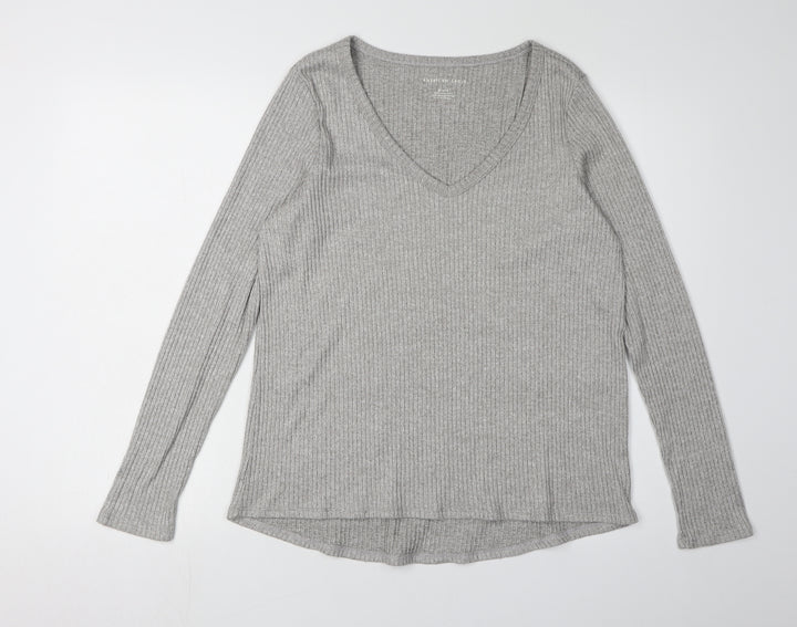 American Eagle Women's Grey V-Neck Long Sleeve T-Shirt