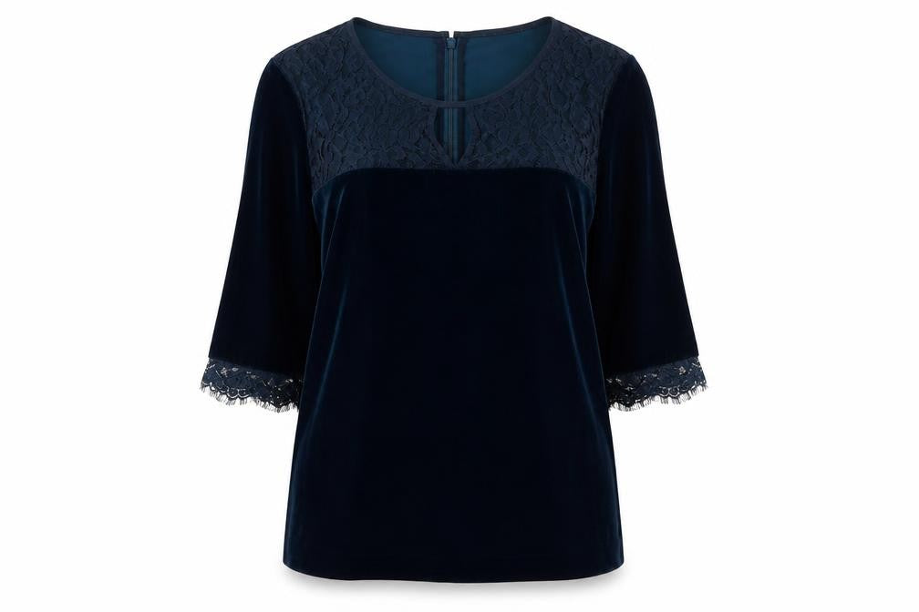 Front view of Betty Jackson Black Women's Blue Velvet Blouse, size 12