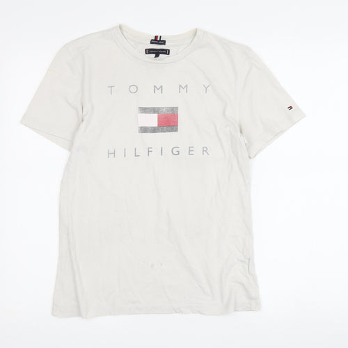 Tommy Hilfiger Boys White Logo T-Shirt 164 - Basic Crew Neck Short Sleeve