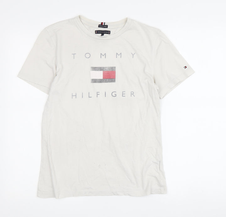 Tommy Hilfiger Boys White Logo T-Shirt 164 - Basic Crew Neck Short Sleeve