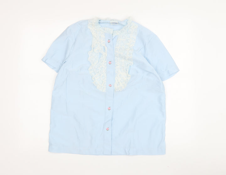 St Michael Blue Women's Blouse, Size 34 with Lace Accents
