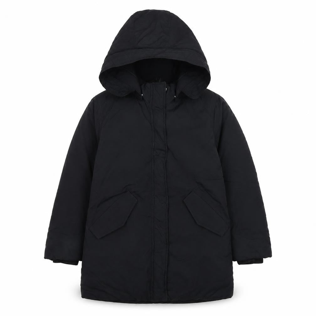 Front view of H&M boys’ black hooded puffer jacket 8-9 years winter
