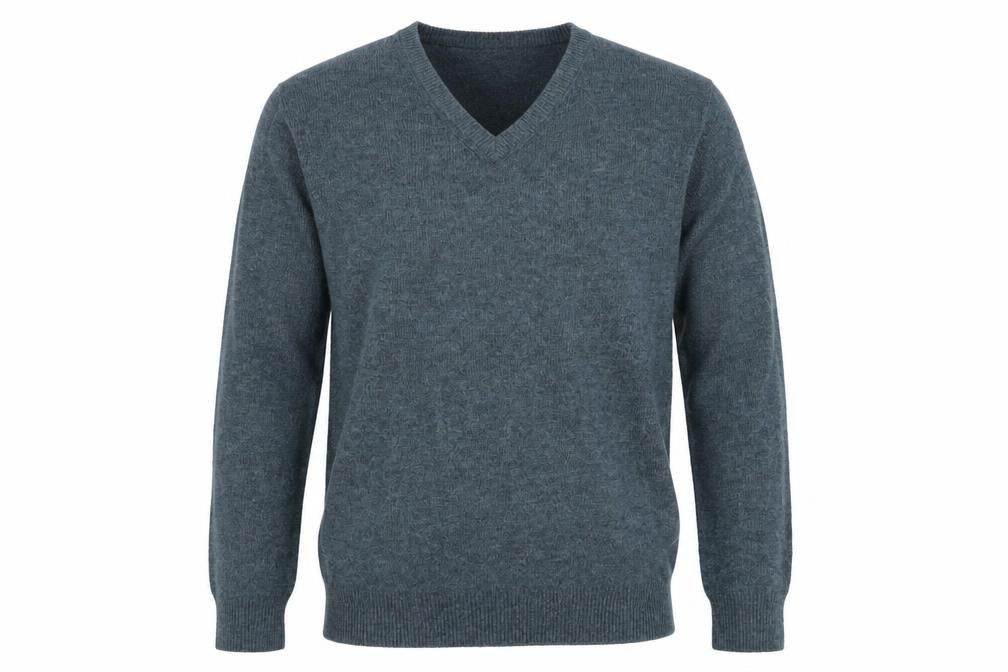 Front view of EWM Men's Blue Wool jumper, size L, V-Neck