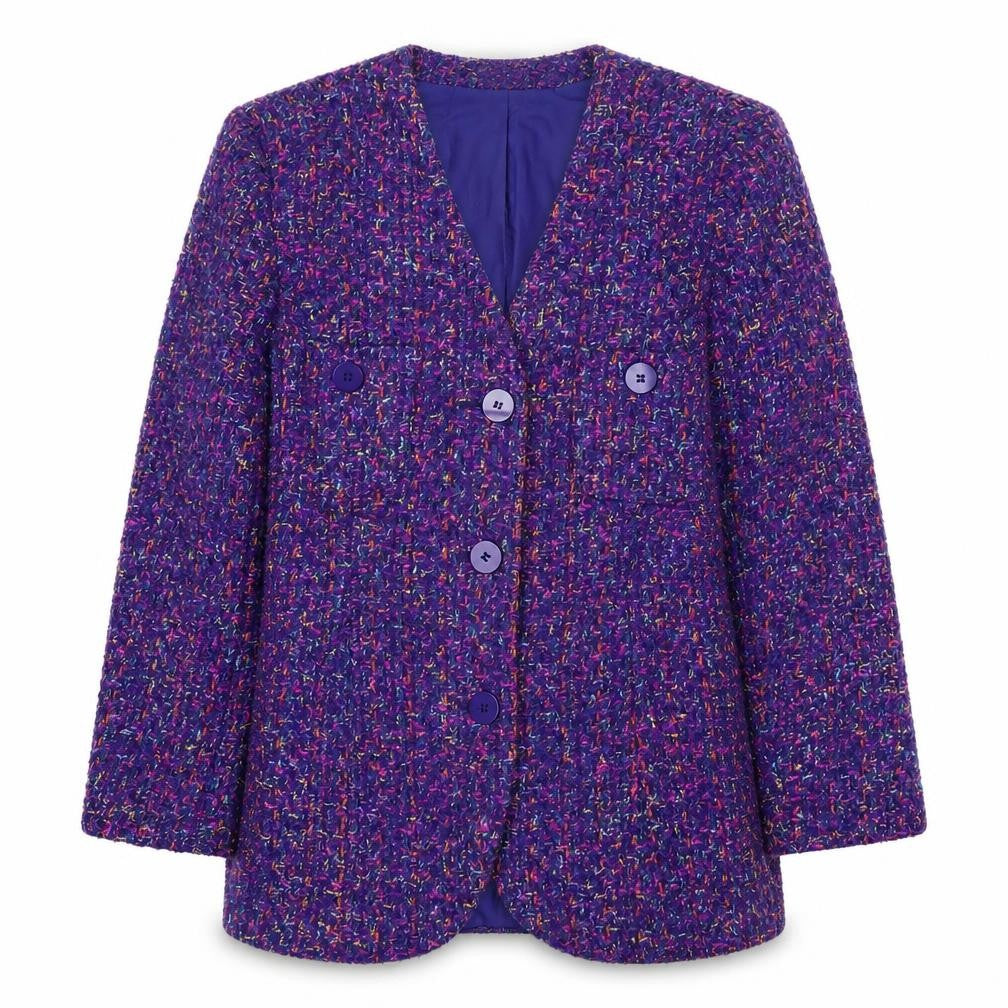 Front view of Alexon Women’s Purple Bouclé Suit Jacket, size UK 14, - Vintage Elegance