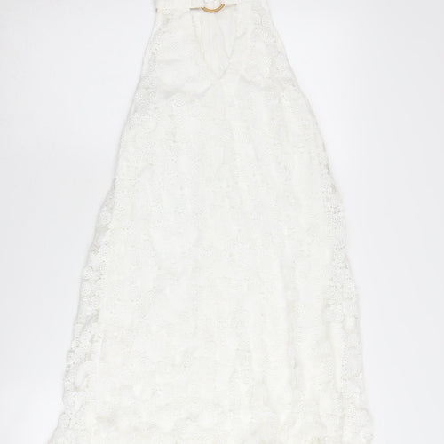 Ebonie N Ivory Women's White Lace A-Line Halter Dress S