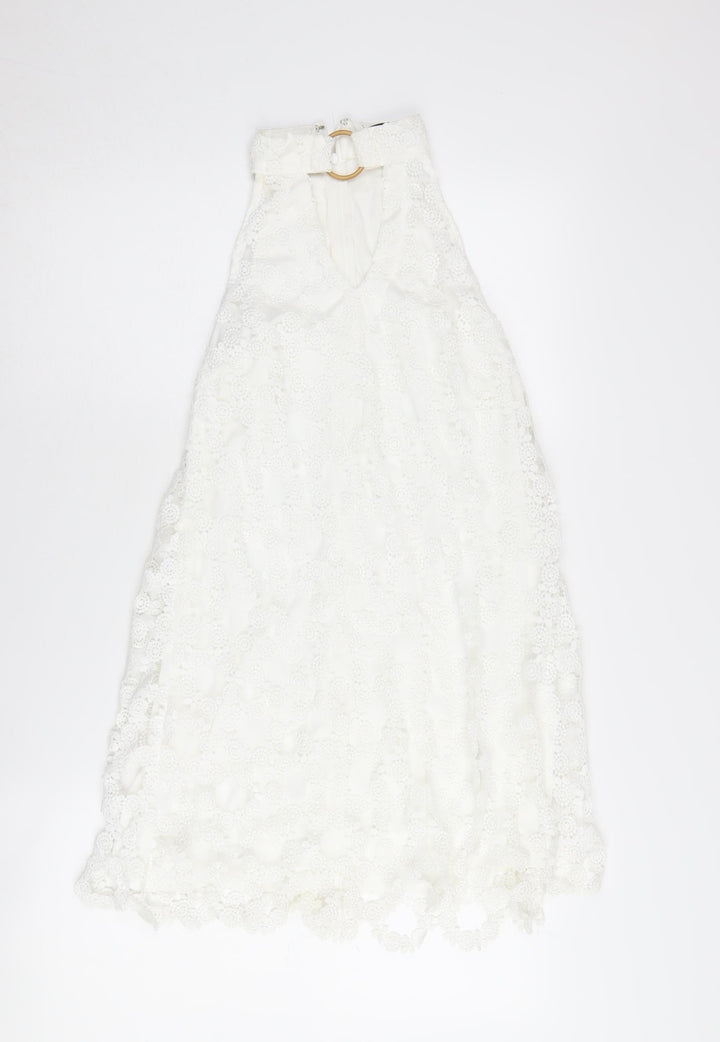 Ebonie N Ivory Women's White Lace A-Line Halter Dress S