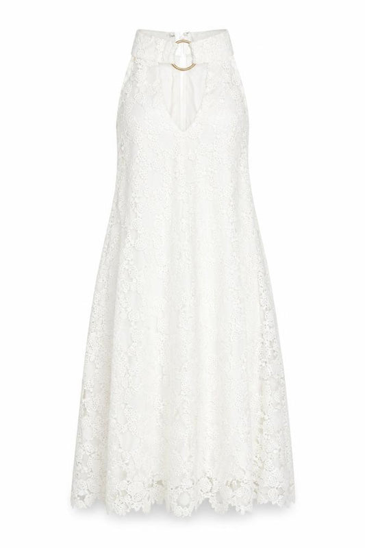 Front view of Ebonie N Ivory Women's White Lace A-Line Halter Dress S