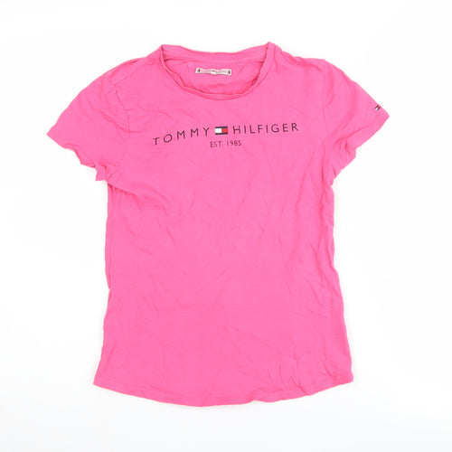 Tommy Hilfiger Girls Pink T-Shirt Size 12 Cotton Logo Crew Neck