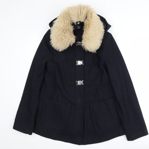 Topshop Women's Black Wool Coat - Size 10 with Fur Trim