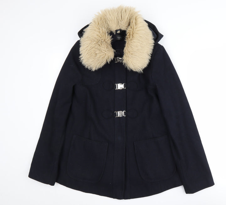 Topshop Women's Black Wool Coat - Size 10 with Fur Trim