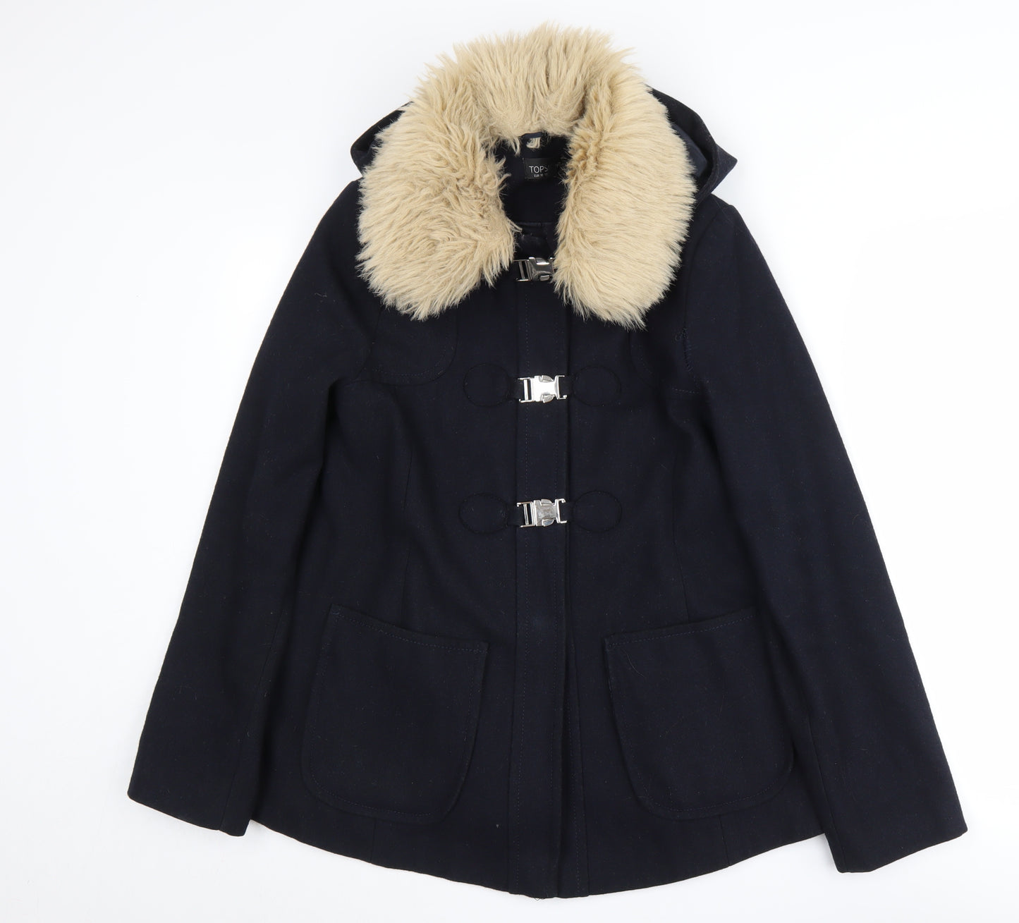 Topshop Women's Black Wool Coat - Size 10 with Fur Trim