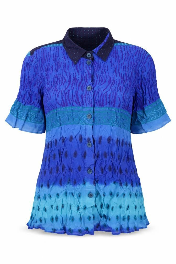 Front view of Erfo Women's Blue Button-Up Collared Short Sleeve Shirt