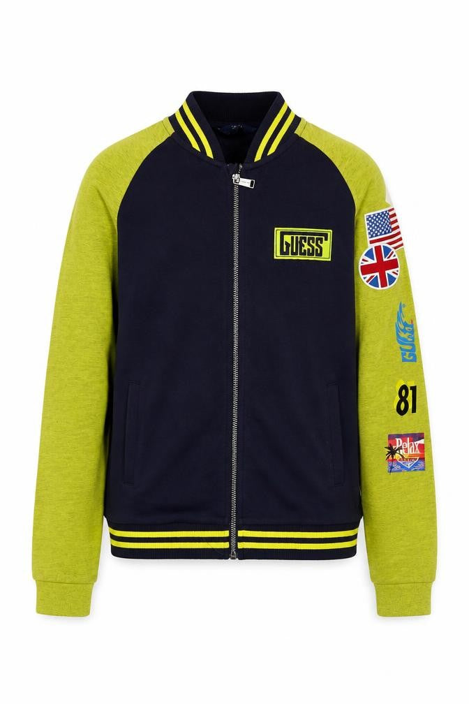 Front view of Guess boys’ blue varsity jacket, size 12, spring autumn