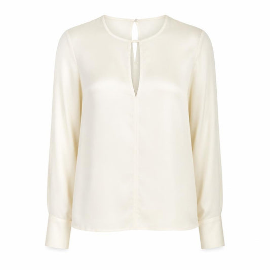 Front view of Mango Women's Ivory Blouse, size 6, Round Neck Long Sleeve