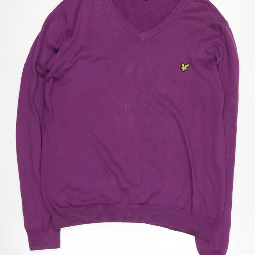 Lyle & Scott Men's Purple V-Neck Cotton Jumper - Size L