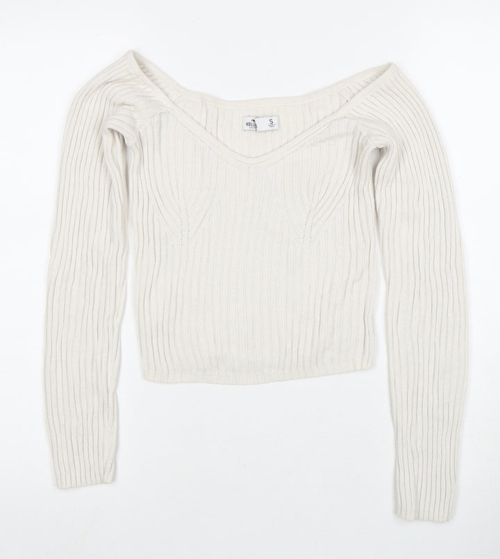 Hollister Women's Ivory V-Neck Pullover Jumper - Small
