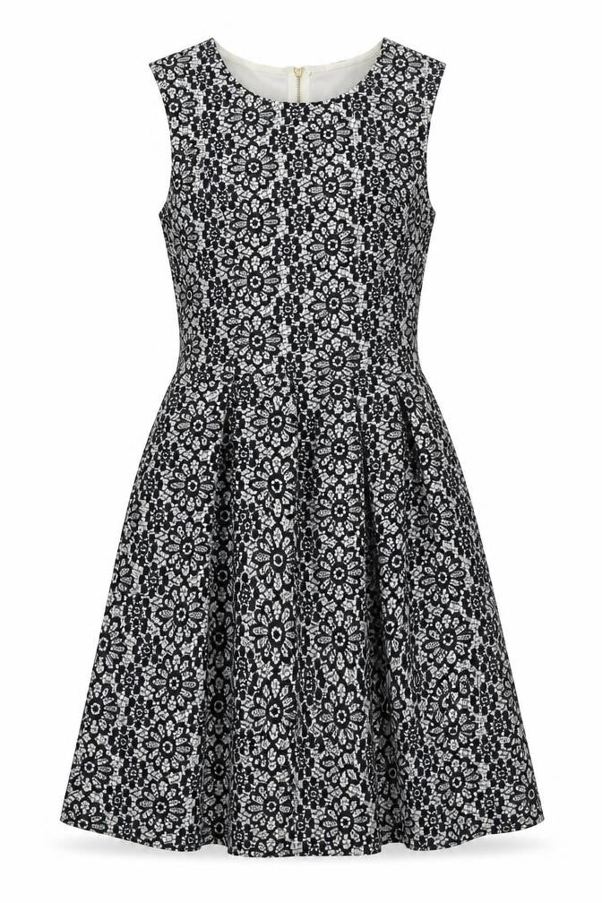 Front view of Warehouse women’s black a-line floral dress, size UK 10