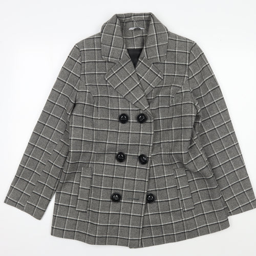 Classic Grey Check Wool Blend Pea Coat Women Size 12