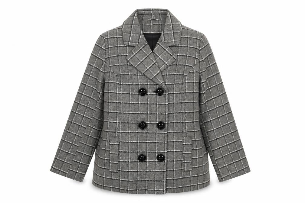 Front view of Classics Grey Check Wool Blend Pea Coat Women, size 12