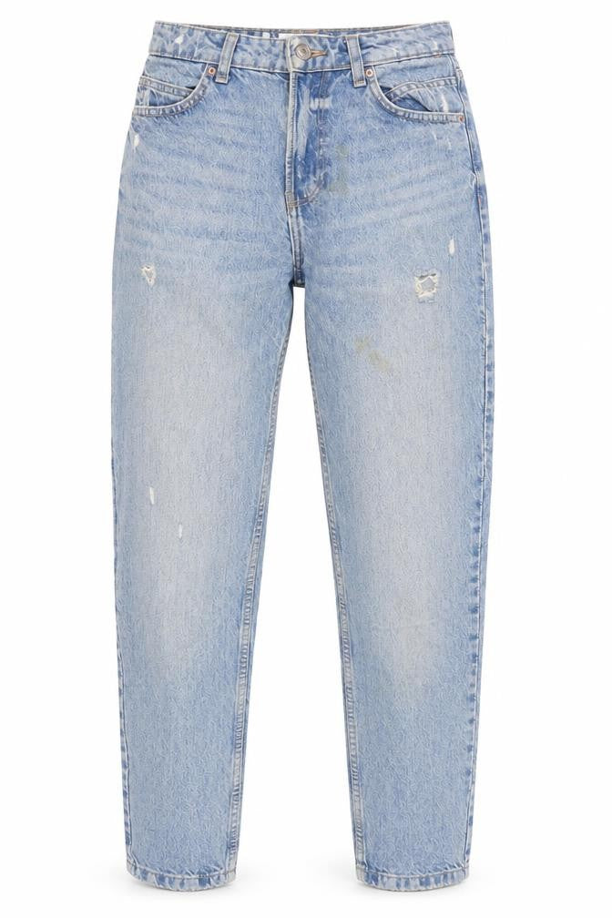 Front view of Bershka Women's Blue Mom Jeans, size 6, Distressed