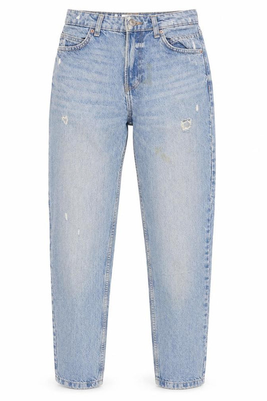 Front view of Bershka Women's Blue Mom Jeans, size 6, Distressed