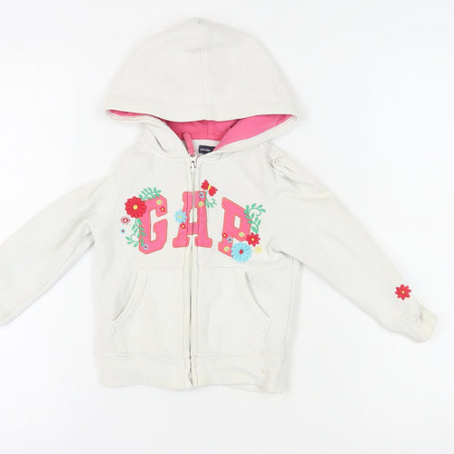 GAP Girls White Full Zip Embroidered Hoodie 4 Years